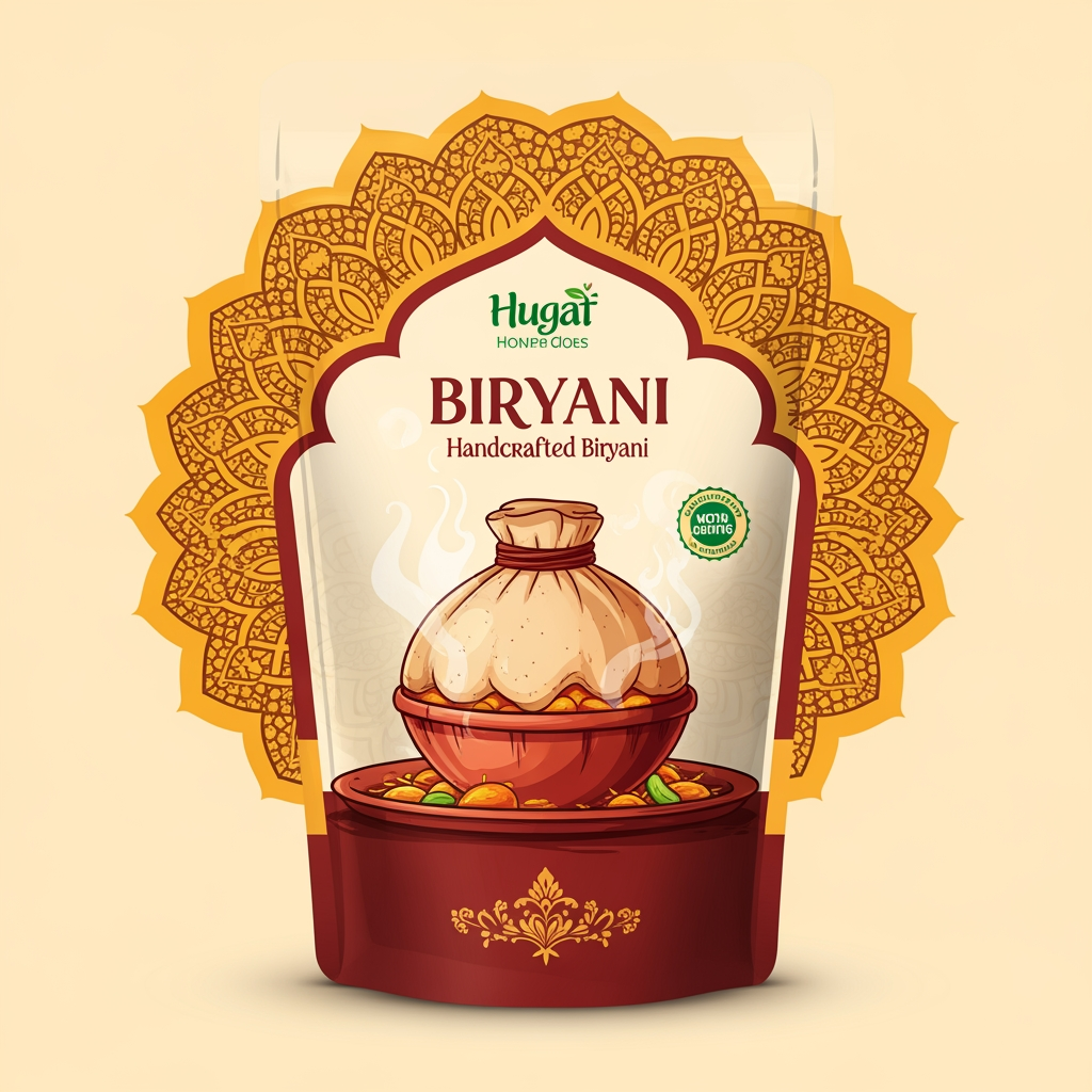 AI Design for Concept 3: The Handcrafted Heritage (Warm & Approachable)
This emphasizes the slow-cooked, authentic, and comforting nature of the biryani.
The Icon: A beautiful, intricate Mandala or Mughal jali (lattice) pattern framing a central illustration of a traditional handi sealed with dough (dum cooking).
Typography: Bold, clean, and elegant. You can feature the name prominently in English, with a tiny, beautiful Urdu calligraphy version of "لذتِ دربار" subtly integrated right above it.
The Tagline: Written in all-caps, widely spaced out at the very bottom: P U R E A R O M A . T R U E T R A D I T I O N .
Color Palette: Rich Terracotta Red/Burgundy and Warm Mustard Yellow/Gold. This palette is scientifically proven to stimulate appetite!