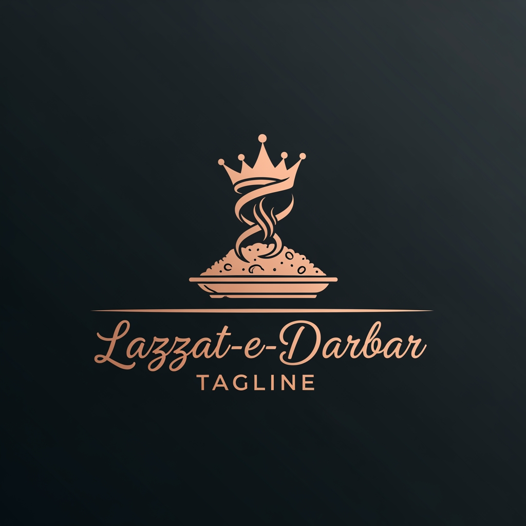AI Design for Concept 2: The Minimalist Crown (Modern Luxury)
Perfect if you want a clean, sleek, and highly scalable design that looks amazing on delivery boxes and social media profiles.
The Icon: A clever fusion icon where the steam rising from a biryani plate gently loops upwards to form the abstract shape of a Royal Crown. It’s clever, subtle, and eye-catching.
Typography: A customized, elegant script or semi-calligraphic font for "Lazzat-e-Darbar" to give it a personal, handcrafted feel.
The Tagline: Positioned directly underneath the brand name, separated by a thin gold horizontal line.
Color Palette: Matte Black or Deep Charcoal background with Warm Rose Gold or Champagne Gold accents.