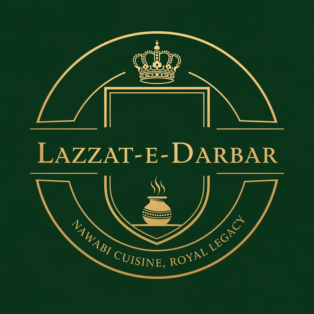 AI Design for Concept 1: The Royal Emblem (Classic & Premium)
This style looks like a royal seal, commanding trust and showcasing deep history.
The Icon: A circular or shield-shaped crest. Inside the crest, a minimalist silhouette of a handi (clay pot) with soft, elegant steam lines rising from it. Above the handi, a subtle Nawabi crown (Taj) or an Islamic arch (inspired by Lucknow’s Rumi Darwaza).
Typography: "Lazzat-e-Darbar" written in a sophisticated, clean Serif font (fonts with small lines at the ends of letters, like Cinzel or Playfair Display), giving it an antique yet premium look.
The Tagline: Curved neatly along the bottom edge of the circular crest in a clean, smaller sans-serif font.
Color Palette: Deep Emerald Green (background) and Metallic Gold (for the lines and text).