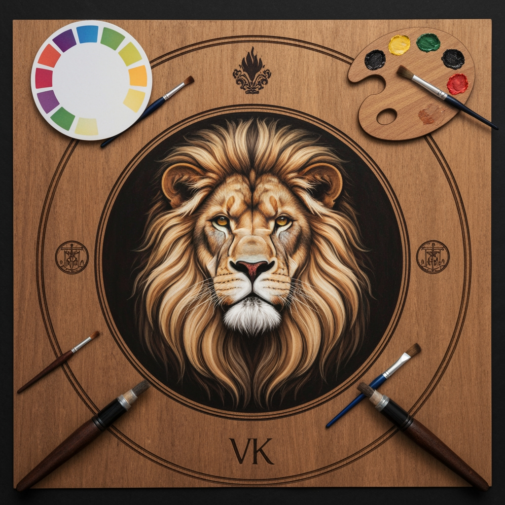 AI Design for VK paintings and wood polish lion Iruku theme laa vennum painting tools irukanum adhaa logo circle shape laa irukanum