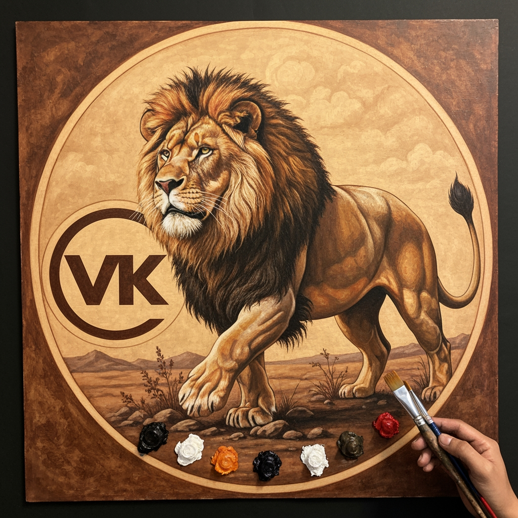 AI Design for VK paintings and wood polish lion Iruku theme laa vennum painting tools irukanum adhaa logo circle shape laa irukanum