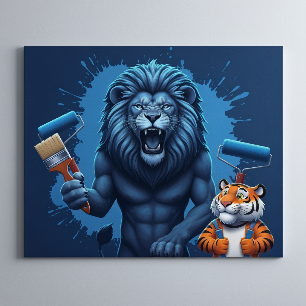 AI Design for Company name : VK paintings and wood polish, ennaku idhaa name laa vennum oru lion illa naa tiger cartoon character laa vennum idhu laa andha lion adhu hand laa right side paint brush and left side hand la paint roller vachitu irukanum oru painting adikiraa company logo yappadi irukanum moo adhu mary vennum pls