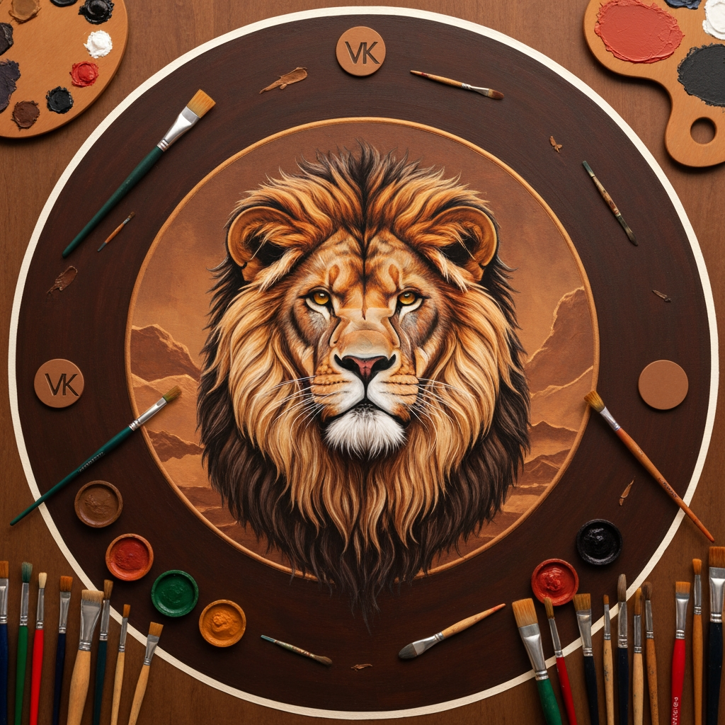 AI Design for VK paintings and wood polish lion Iruku theme laa vennum painting tools irukanum adhaa logo circle shape laa irukanum VK company nu radhuu oru company illa naa house kuu company adikiraa company Adhuku yadhaa mary vennum