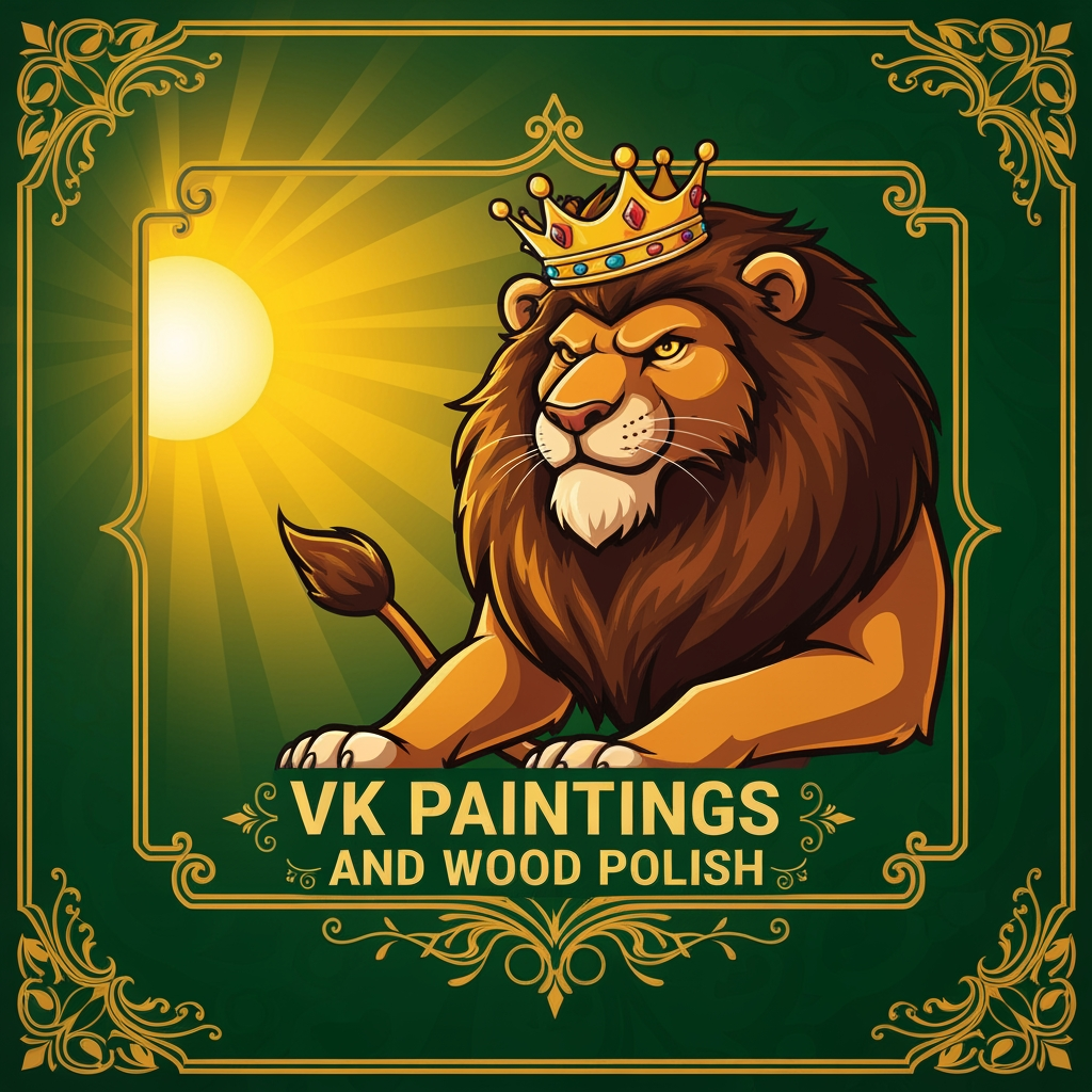 AI Design for Company name : VK paintings and wood polish, ennaku idhaa name laa vennum oru lion illa naa tiger cartoon character laa vennum idhu laa andha lion adhu hand laa right side paint brush and left side hand la paint roller vachitu irukanum oru painting adikiraa company logo yappadi irukanum moo adhu mary vennum pls