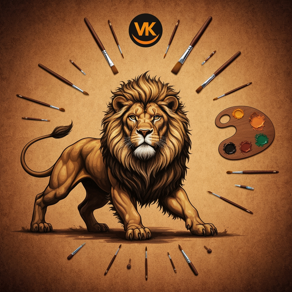 AI Design for VK paintings and wood polish lion Iruku theme laa vennum painting tools irukanum adhaa logo circle shape laa irukanum