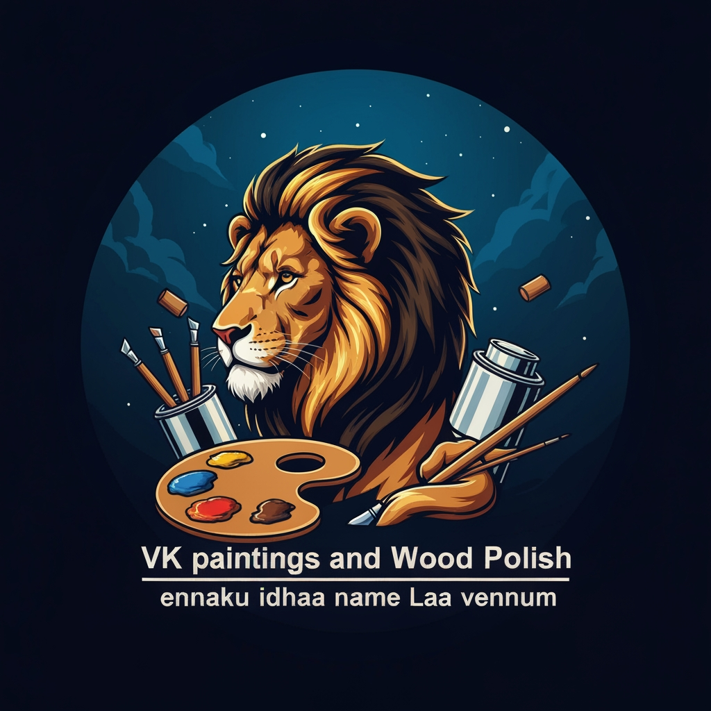 AI Design for Company name : VK paintings and wood polish, ennaku idhaa name laa vennum oru lion illa naa tiger cartoon character laa vennum idhu laa andha lion adhu hand laa right side paint brush and left side hand la paint roller vachitu irukanum oru painting adikiraa company logo yappadi irukanum moo adhu mary vennum pls