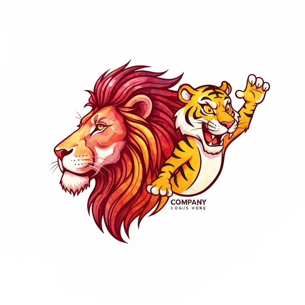 AI Design for Company name : VK paintings and wood polish, ennaku idhaa name laa vennum oru lion illa naa tiger cartoon character laa vennum idhu laa andha lion adhu hand laa right side paint brush and left side hand la paint roller vachitu irukanum oru painting adikiraa company logo yappadi irukanum moo adhu mary vennum pls
