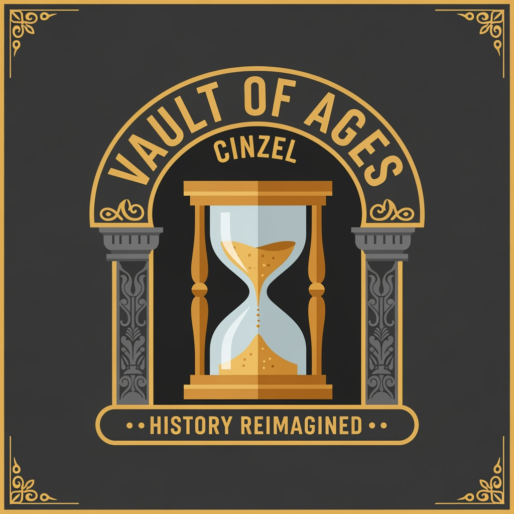 AI Design for Professional YouTube channel logo for "VaultOfAges",
a What If History channel,
flat vector design,
dark background #0A0A0A,
gold color #C9A84C accents,
centered ancient hourglass with sand falling,
surrounded by ornate arch with stone texture,
channel name "VAULT OF AGES" in Cinzel serif font,
bold dramatic typography,
tagline "History Reimagined" in small caps below,
corner ornamental details,
rich ancient aesthetic,
no gradients,
clean flat design,
800x800 px square format,
professional broadcast quality,
suitable for YouTube profile picture