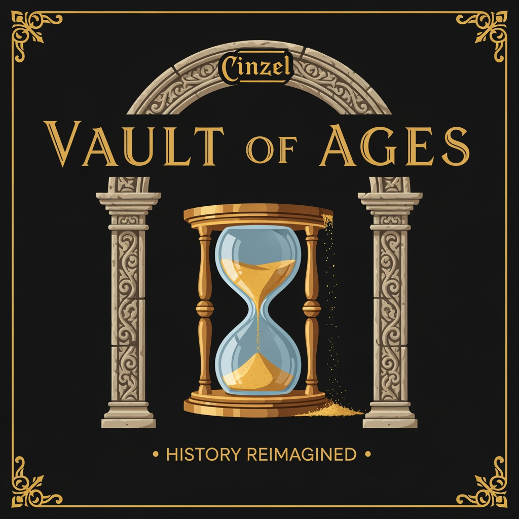 AI Design for Professional YouTube channel logo for "VaultOfAges",
a What If History channel,
flat vector design,
dark background #0A0A0A,
gold color #C9A84C accents,
centered ancient hourglass with sand falling,
surrounded by ornate arch with stone texture,
channel name "VAULT OF AGES" in Cinzel serif font,
bold dramatic typography,
tagline "History Reimagined" in small caps below,
corner ornamental details,
rich ancient aesthetic,
no gradients,
clean flat design,
800x800 px square format,
professional broadcast quality,
suitable for YouTube profile picture
