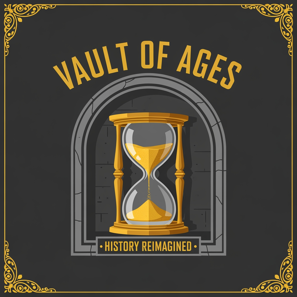 AI Design for Professional YouTube channel logo for "VaultOfAges",
a What If History channel,
flat vector design,
dark background #0A0A0A,
gold color #C9A84C accents,
centered ancient hourglass with sand falling,
surrounded by ornate arch with stone texture,
channel name "VAULT OF AGES" in Cinzel serif font,
bold dramatic typography,
tagline "History Reimagined" in small caps below,
corner ornamental details,
rich ancient aesthetic,
no gradients,
clean flat design,
800x800 px square format,
professional broadcast quality,
suitable for YouTube profile picture