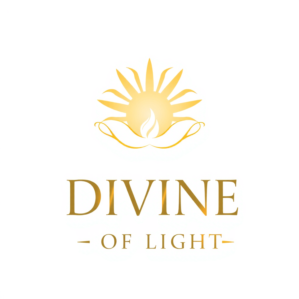 AI Design for "Design a spiritual and elegant logo for a devotional identity mark named 'DIVINE OF LIGHT'. The logo should convey a sense of peace, divinity, and enlightenment. Incorporate glowing or radiant elements such as beams of light, halos, or an ethereal aura to symbolize the 'light' aspect. Use soft, harmonious colors like gold, white, and pastel tones to evoke sacredness and purity. The typography for 'DIVINE OF LIGHT' should be refined, graceful, and easy to read—preferably in a serif or script style. The overall design should feel balanced, timeless, and inspiring, with a subtle touch of spirituality. The logo must look appealing on both digital and print mediums."