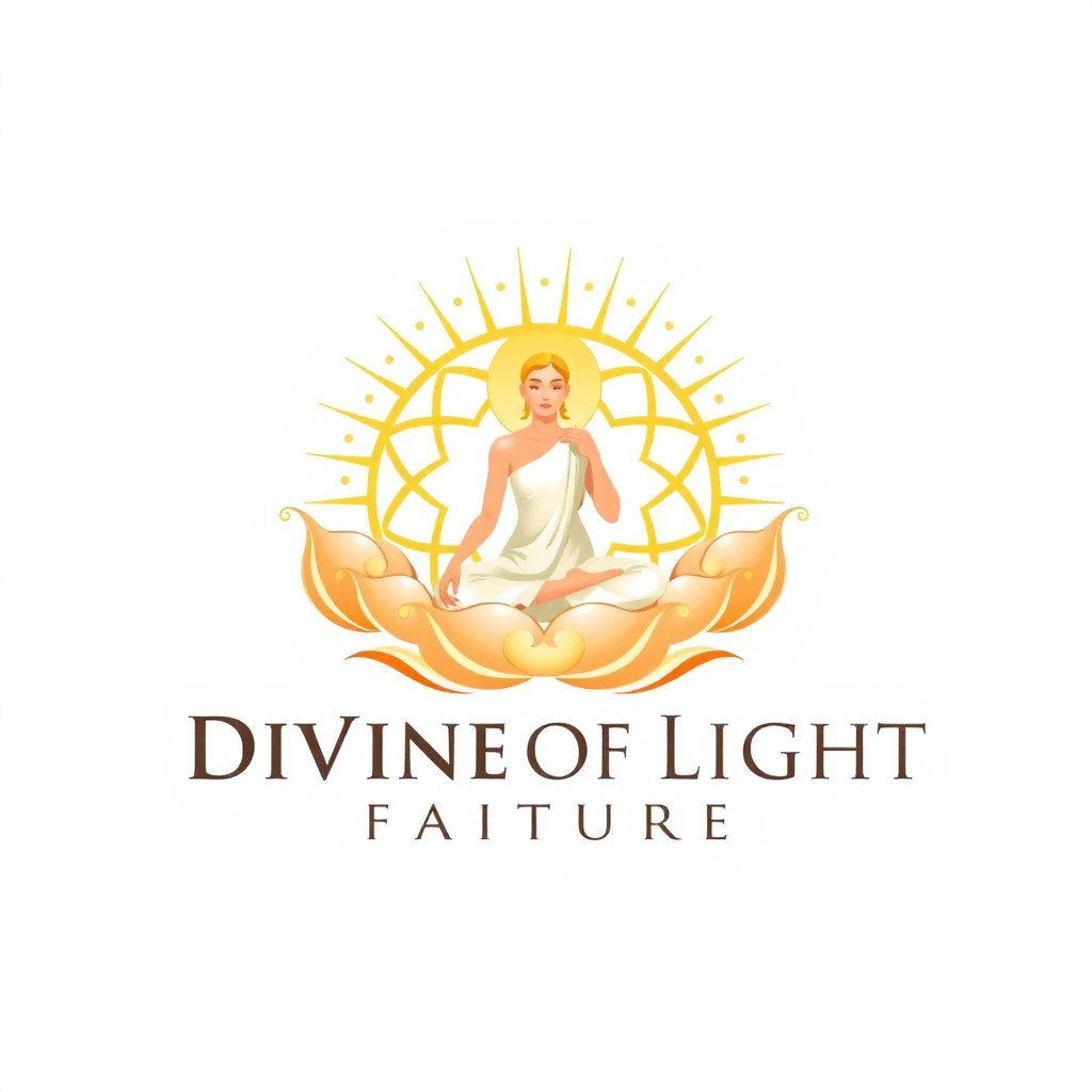 AI Design for "Design a spiritual and elegant logo for a devotional identity mark named 'DIVINE OF LIGHT'. The logo should convey a sense of peace, divinity, and enlightenment. Incorporate glowing or radiant elements such as beams of light, halos, or an ethereal aura to symbolize the 'light' aspect. Use soft, harmonious colors like gold, white, and pastel tones to evoke sacredness and purity. The typography for 'DIVINE OF LIGHT' should be refined, graceful, and easy to read—preferably in a serif or script style. The overall design should feel balanced, timeless, and inspiring, with a subtle touch of spirituality. The logo must look appealing on both digital and print mediums."