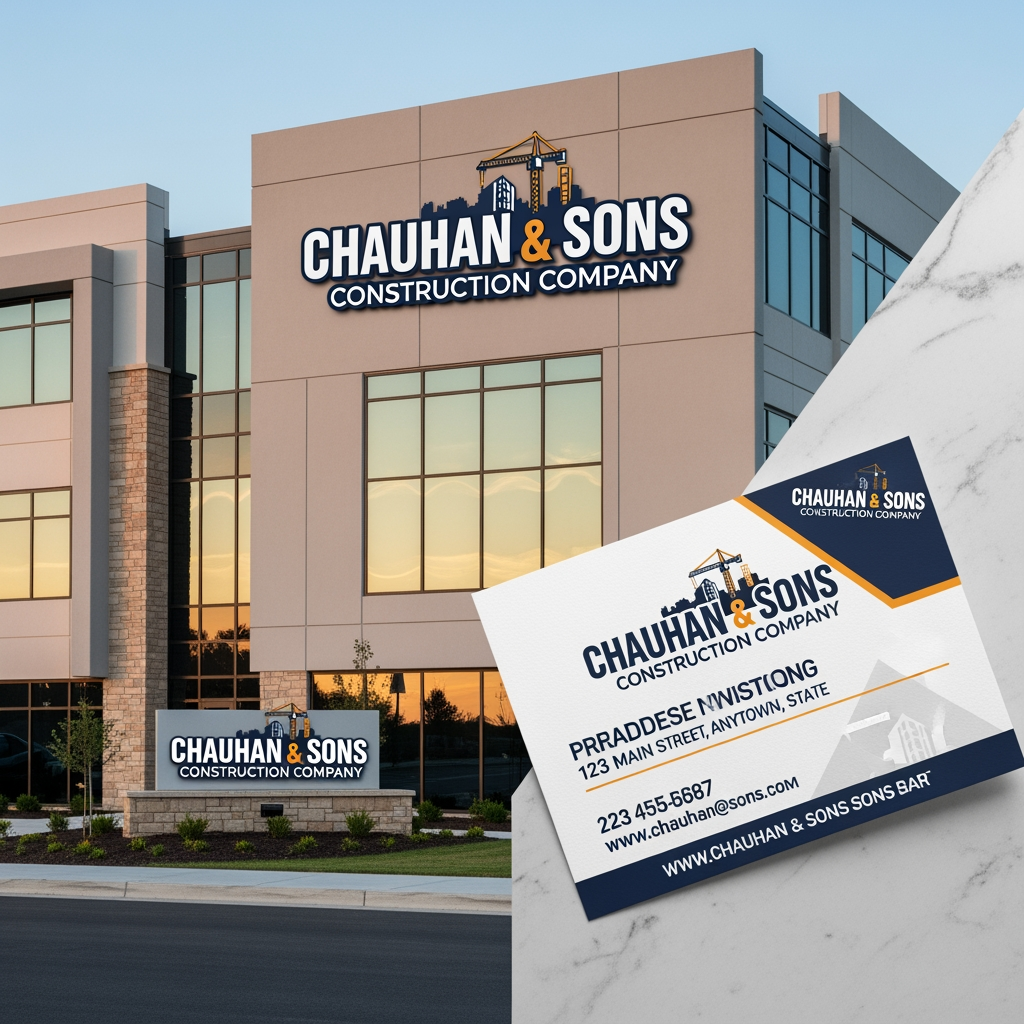 AI Design for add a those are make a building with logo for chauhan and son,s construction company and visiting card