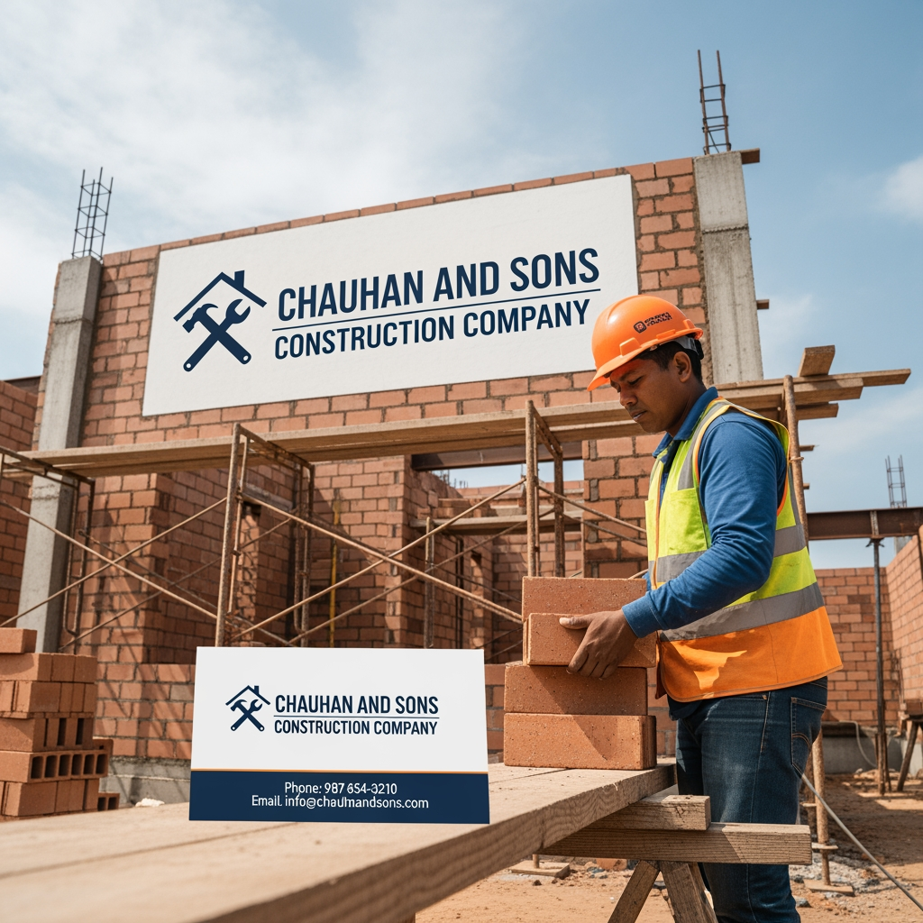 AI Design for add a person those are make a building with logo for chauhan and son,s construction company and visiting card