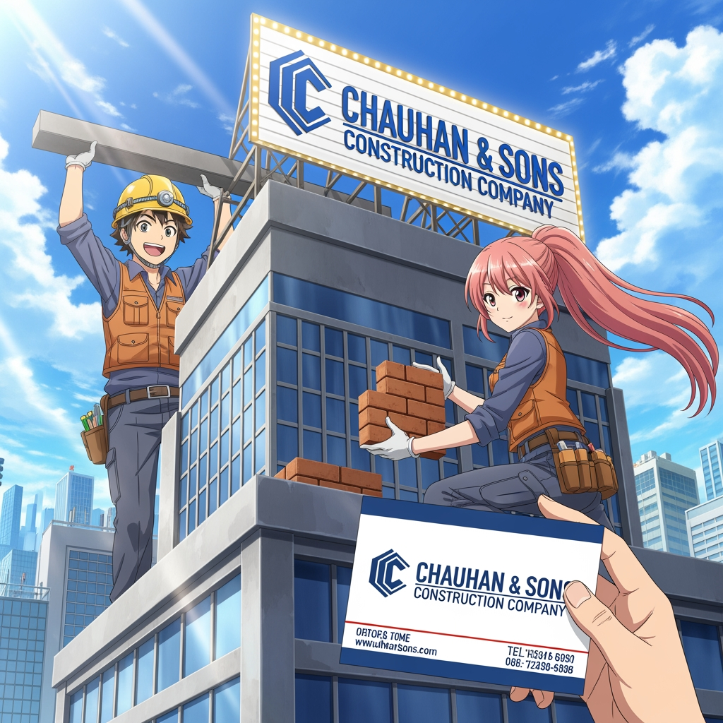 AI Design for add a anime careters those are make a building with logo for chauhan and son,s construction company and visiting card