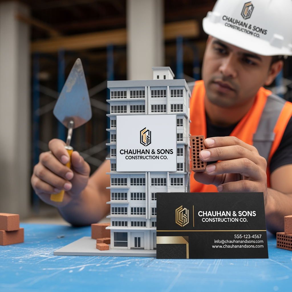 AI Design for add a person those are make a building with logo for chauhan and son,s construction company and visiting card