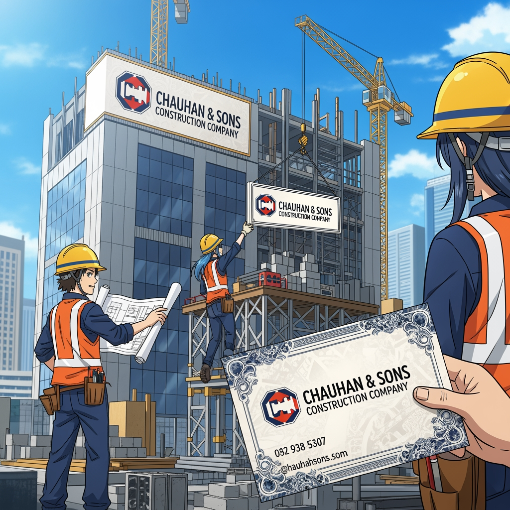 AI Design for add a anime careters those are make a building with logo for chauhan and son,s construction company and visiting card