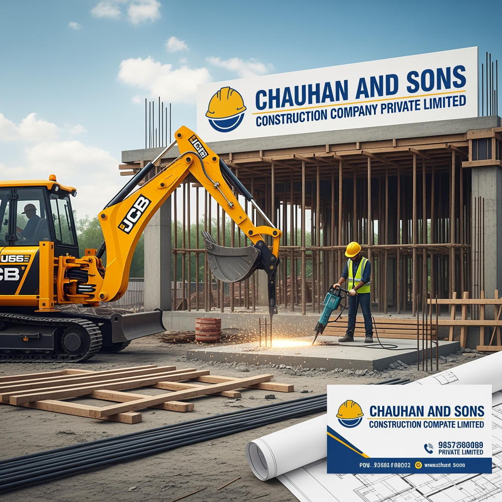 AI Design for add a jcb , hamer, equpmant those are make a building with logo for chauhan and son,s construction company and visiting card privet limited