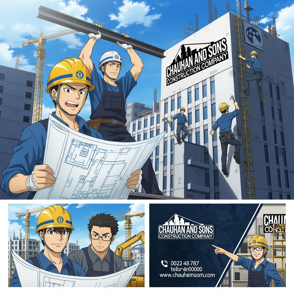 AI Design for add a anime careters those are make a building with logo for chauhan and son,s construction company and visiting card