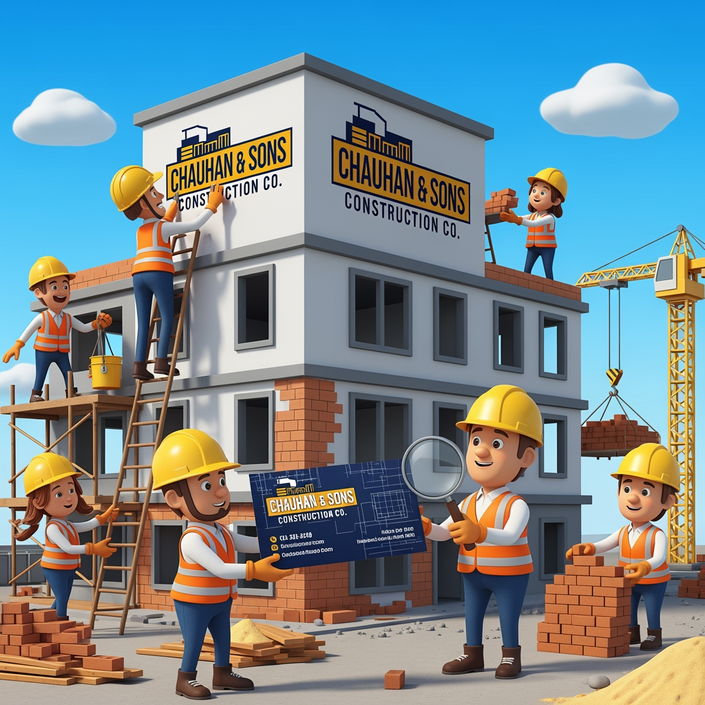 AI Design for add a careters those are make a building with logo for chauhan and son,s construction company and visiting card