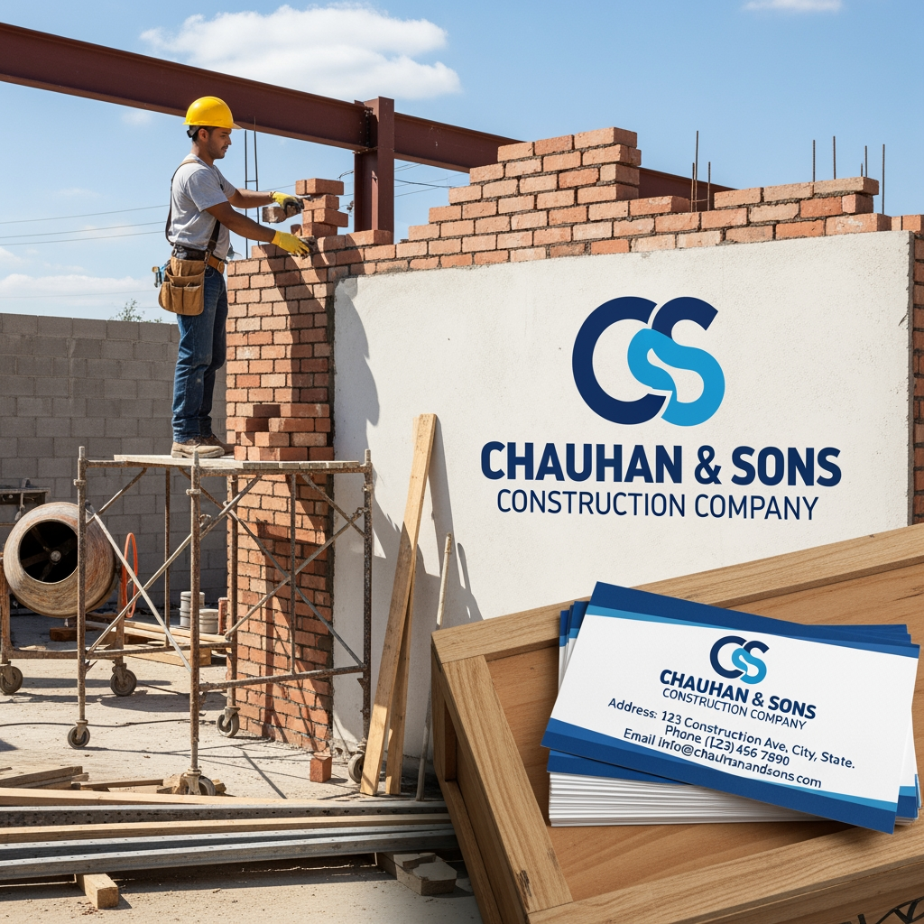 AI Design for add a person those are make a building with logo for chauhan and son,s construction company and visiting card