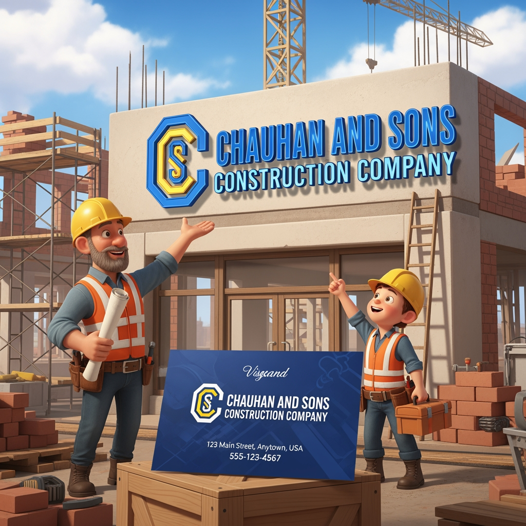 AI Design for add a careters those are make a building with logo for chauhan and son,s construction company and visiting card