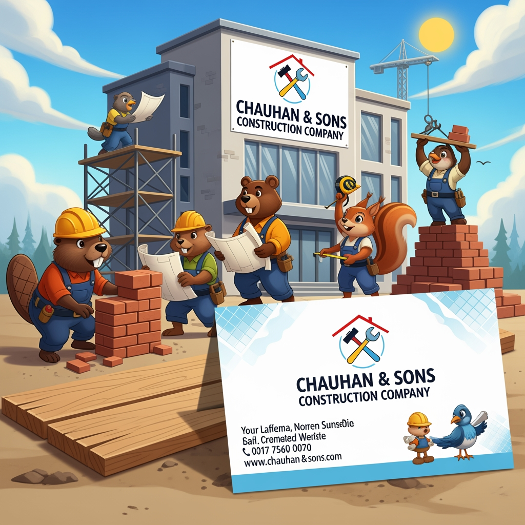 AI Design for add a careters those are make a building with logo for chauhan and son,s construction company and visiting card