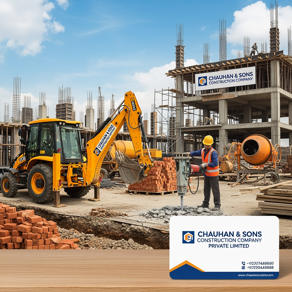 AI Design for add a jcb , hamer, equpmant those are make a building with logo for chauhan and son,s construction company and visiting card privet limited
