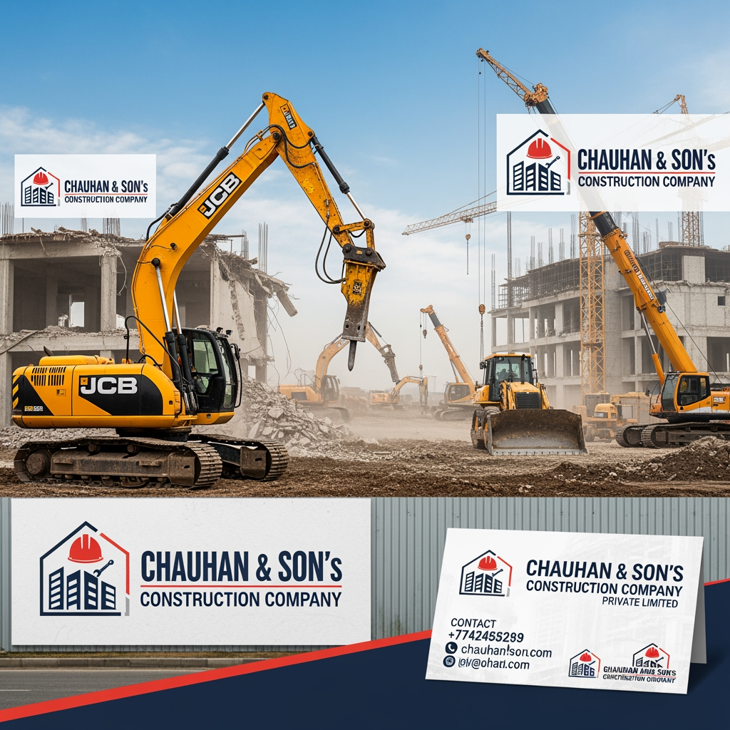 AI Design for add a jcb , hamer, equpmant those are make a building with logo for chauhan and son,s construction company and visiting card privet limited