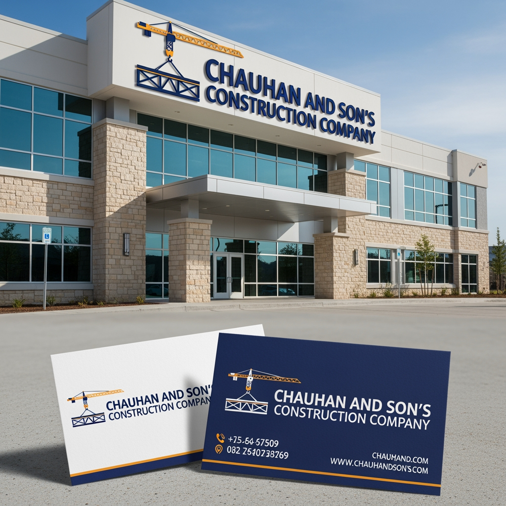 AI Design for add a those are make a building with logo for chauhan and son,s construction company and visiting card