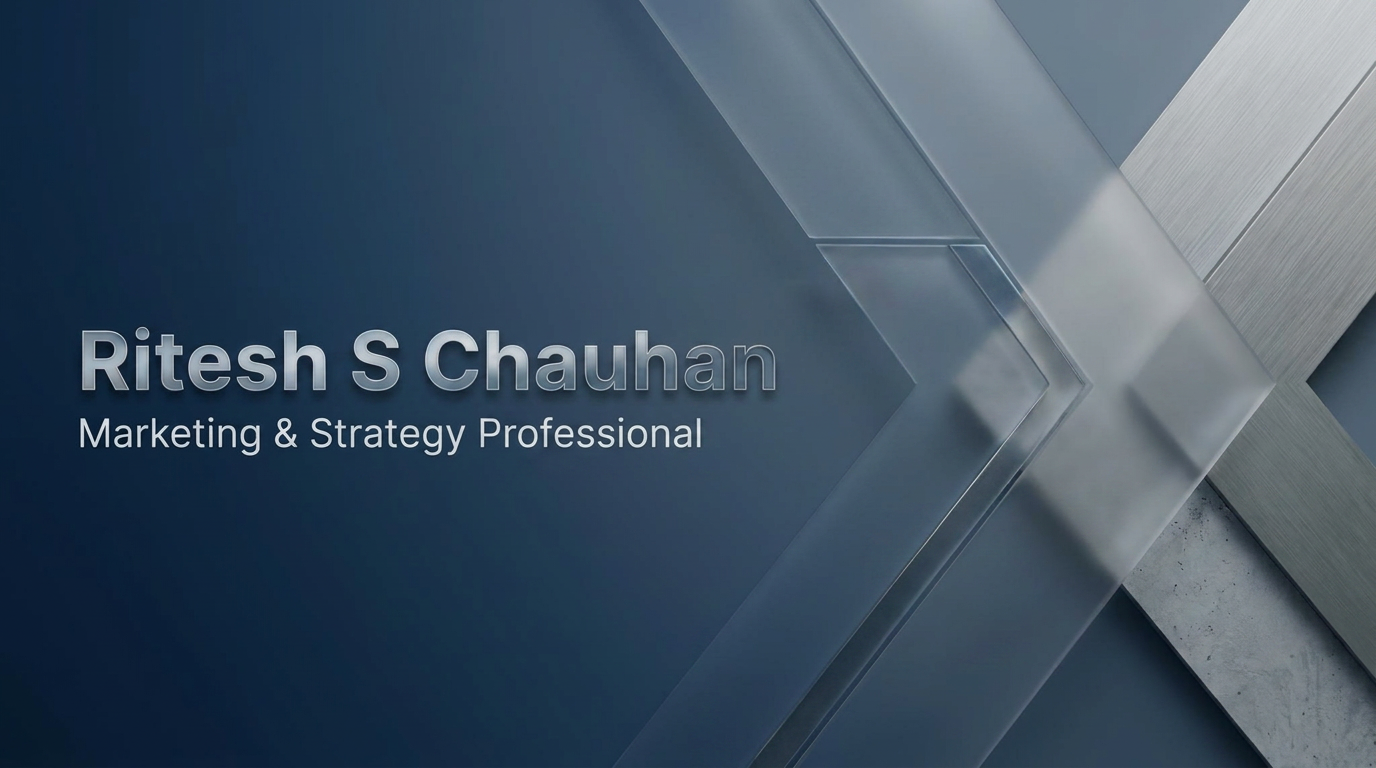 AI Design for A professional and modern LinkedIn cover banner featuring a clean, minimalist design with a sophisticated corporate aesthetic. The composition incorporates subtle geometric shapes and a professional blue and slate grey color palette, with elegant negative space reserved for the name Ritesh S Chauhan to be displayed in a clean, bold sans-serif typeface. Soft studio lighting and high-quality textures create a premium feel suitable for a marketing .make more creativ and make and change the style of text