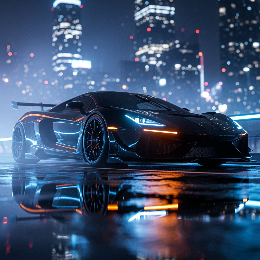 AI Design for Ultra-realistic cinematic sports car wallpaper in 4K (3840×2160), featuring a sleek black hypercar parked on a rain-soaked street at night in a futuristic city. Dramatic neon blue and orange lighting reflects across the wet pavement, with volumetric fog, glowing skyscrapers, and soft bokeh lights in the background. Low-angle wide shot, aggressive stance, glossy paint, detailed carbon fiber accents, realistic reflections, high contrast, moody atmosphere, shallow depth of field, HDR, ray-traced lighting, ultra-sharp focus, photorealistic, premium automotive photography, no people, clean composition, perfect for desktop wallpaper.