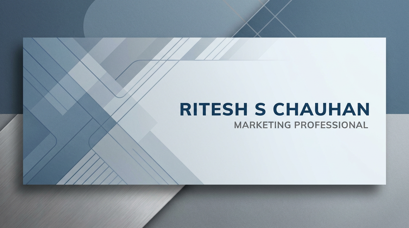 AI Design for A professional and modern LinkedIn cover banner featuring a clean, minimalist design with a sophisticated corporate aesthetic. The composition incorporates subtle geometric shapes and a professional blue and slate grey color palette, with elegant negative space reserved for the name Ritesh S Chauhan to be displayed in a clean, bold sans-serif typeface. Soft studio lighting and high-quality textures create a premium feel suitable for a marketing professional.