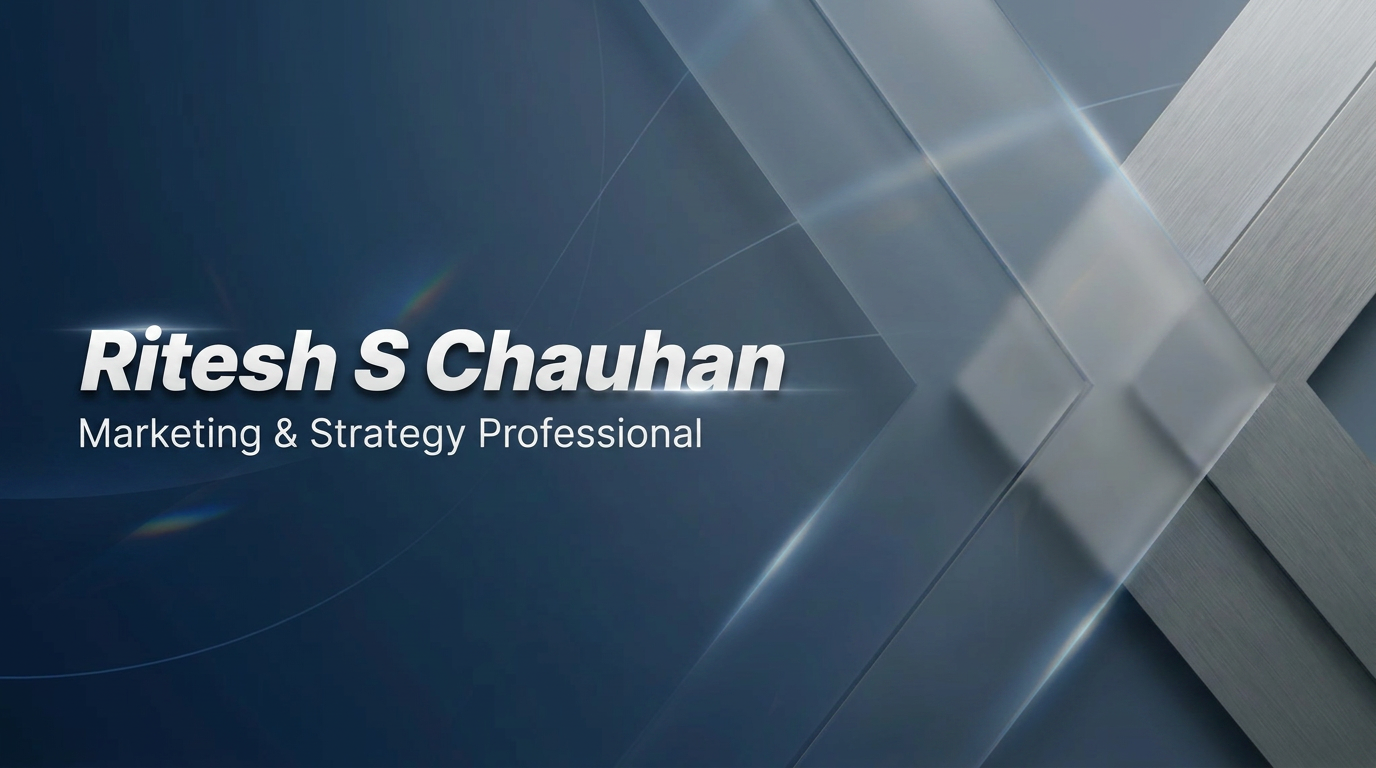 AI Design for A professional and modern LinkedIn cover banner featuring a clean, minimalist design with a sophisticated corporate aesthetic. The composition incorporates subtle geometric shapes and a professional blue and slate grey color palette, with elegant negative space reserved for the name Ritesh S Chauhan to be displayed in a clean, bold sans-serif typeface. Soft studio lighting and high-quality textures create a premium feel suitable for a marketing .make more creativ and make and change the style of text