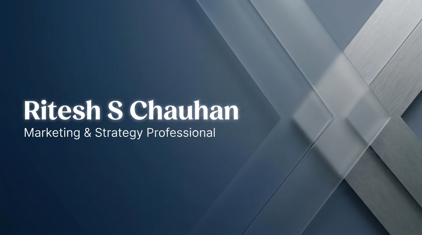 AI Design for A professional and modern LinkedIn cover banner featuring a clean, minimalist design with a sophisticated corporate aesthetic. The composition incorporates subtle geometric shapes and a professional blue and slate grey color palette, with elegant negative space reserved for the name Ritesh S Chauhan to be displayed in a clean, bold sans-serif typeface. Soft studio lighting and high-quality textures create a premium feel suitable for a marketing .make more creativ and make and change the style of text different style