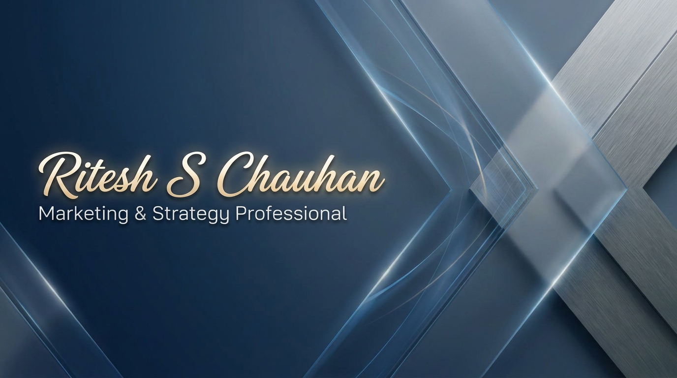 AI Design for A professional and modern LinkedIn cover banner featuring a clean, minimalist design with a sophisticated corporate aesthetic. The composition incorporates subtle geometric shapes and a professional blue and slate grey color palette, with elegant negative space reserved for the name Ritesh S Chauhan to be displayed in a clean, bold sans-serif typeface. Soft studio lighting and high-quality textures create a premium feel suitable for a marketing .make more creativ and make and change the style of text different style