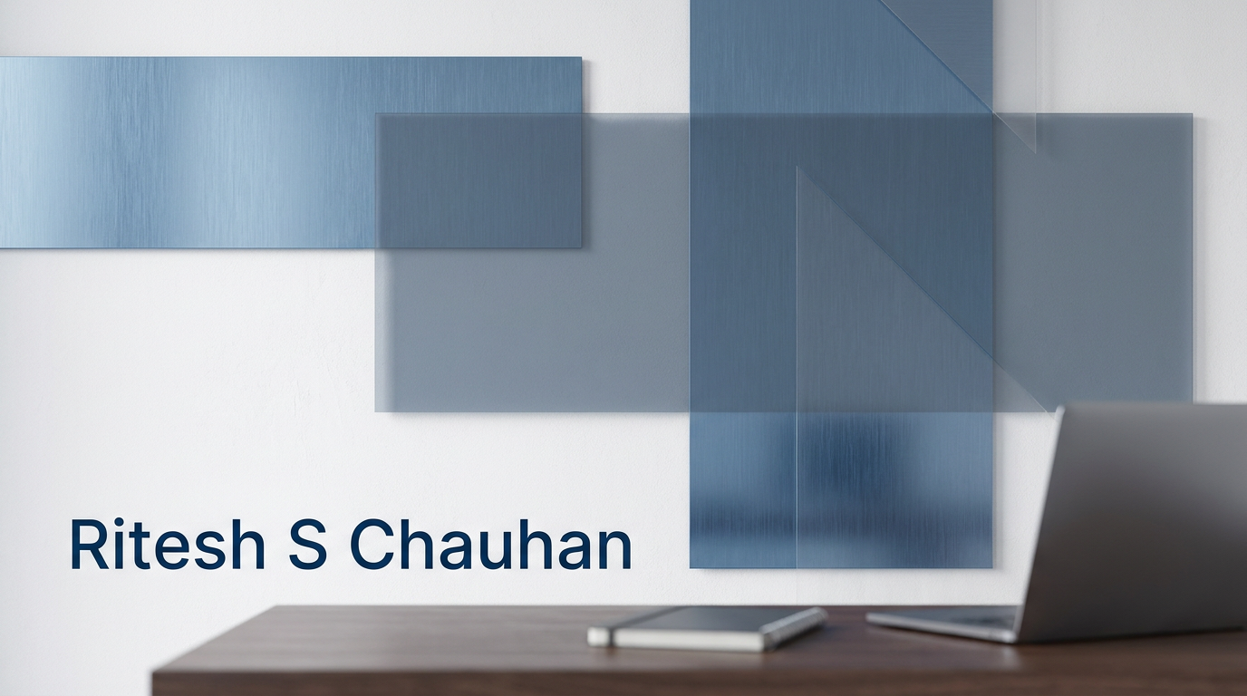 AI Design for A professional and modern LinkedIn cover banner featuring a clean, minimalist design with a sophisticated corporate aesthetic. The composition incorporates subtle geometric shapes and a professional blue and slate grey color palette, with elegant negative space reserved for the name Ritesh S Chauhan to be displayed in a clean, bold sans-serif typeface. Soft studio lighting and high-quality textures create a premium feel suitable for a marketing professional.