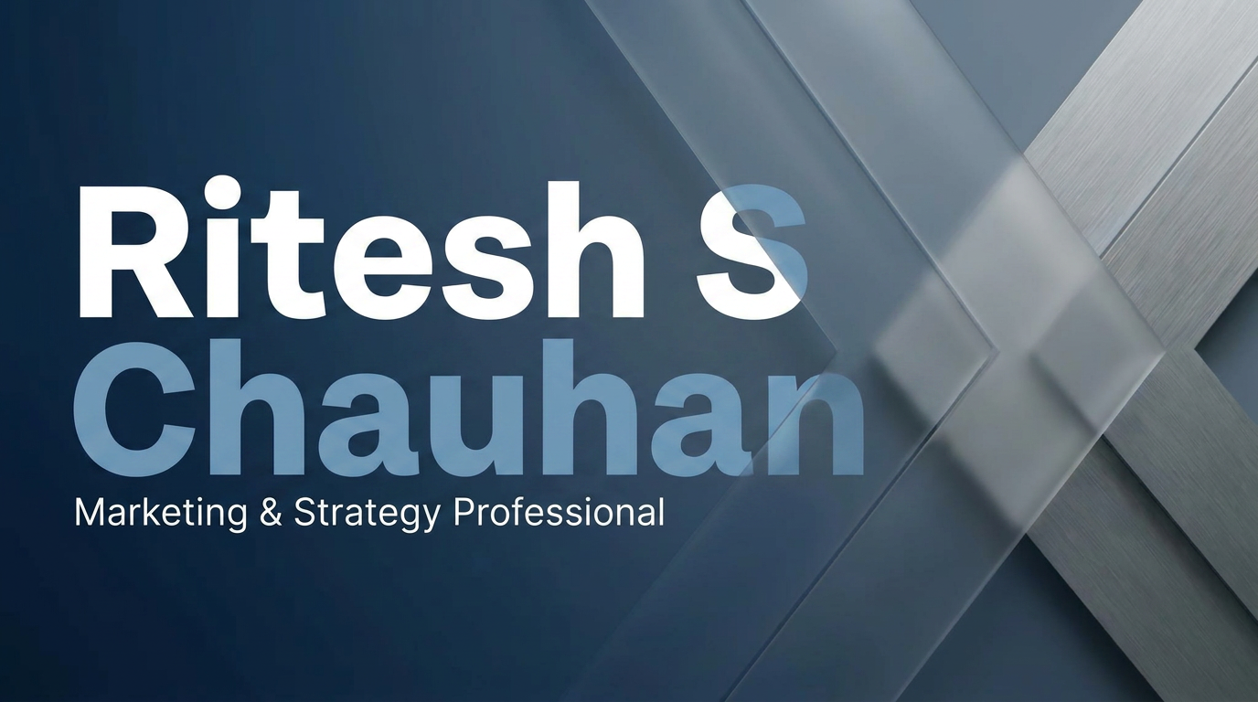 AI Design for A professional and modern LinkedIn cover banner featuring a clean, minimalist design with a sophisticated corporate aesthetic. The composition incorporates subtle geometric shapes and a professional blue and slate grey color palette, with elegant negative space reserved for the name Ritesh S Chauhan to be displayed in a clean, bold sans-serif typeface. Soft studio lighting and high-quality textures create a premium feel suitable for a marketing .make more creativ and make and change the style of text different style