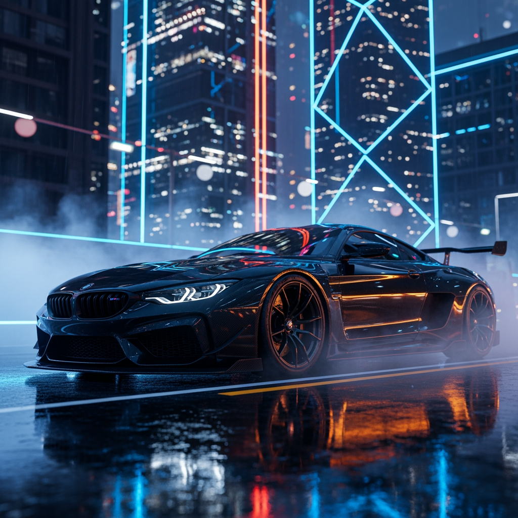 AI Design for Ultra-realistic cinematic sports car wallpaper in 4K (3840×2160), featuring a sleek black hypercar parked on a rain-soaked street at in a futuristic city. Dramatic neon blue and orange lighting reflects across the wet pavement, with volumetric fog, glowing skyscrapers, and soft bokeh lights in the background. Low-angle wide shot, aggressive stance, glossy paint, detailed carbon fiber accents, realistic reflections, high contrast, moody atmosphere, shallow depth of field, HDR, ray-traced lighting, ultra-sharp focus, photorealistic, premium automotive photography, no people, clean composition, perfect for desktop wallpaper. BMW
