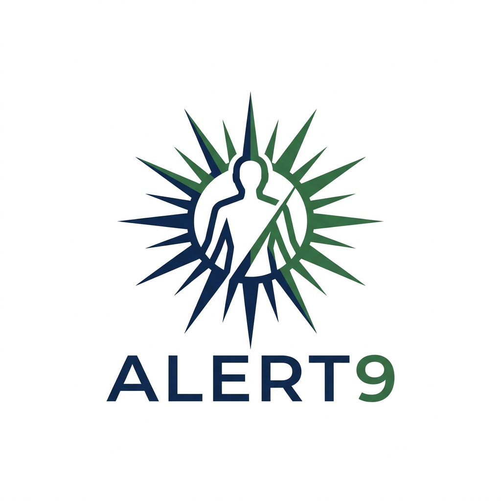 AI Design for A sophisticated, minimalist logo design for Alert9, featuring a stylized fusion of a radiant sun and a human silhouette. The design utilizes a clean, modern aesthetic with a premium color palette of deep navy blue and vibrant forest green, balanced by negative space. High-end vector graphic style, sharp edges, professional branding, isolated on a clean white background.