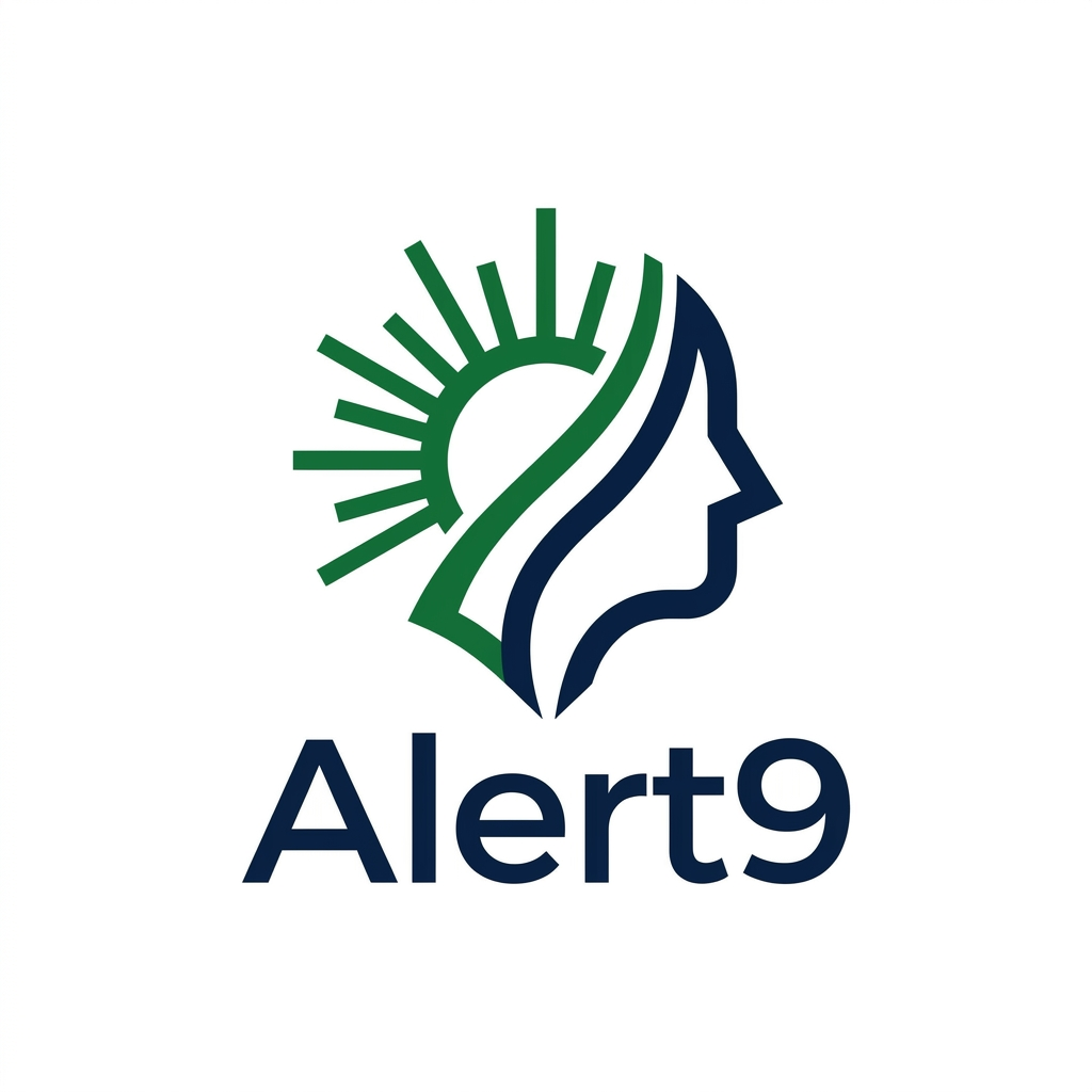 AI Design for A sophisticated, minimalist logo design for Alert9, featuring a stylized fusion of a radiant sun and a human silhouette. The design utilizes a clean, modern aesthetic with a premium color palette of deep navy blue and vibrant forest green, balanced by negative space. High-end vector graphic style, sharp edges, professional branding, isolated on a clean white background.