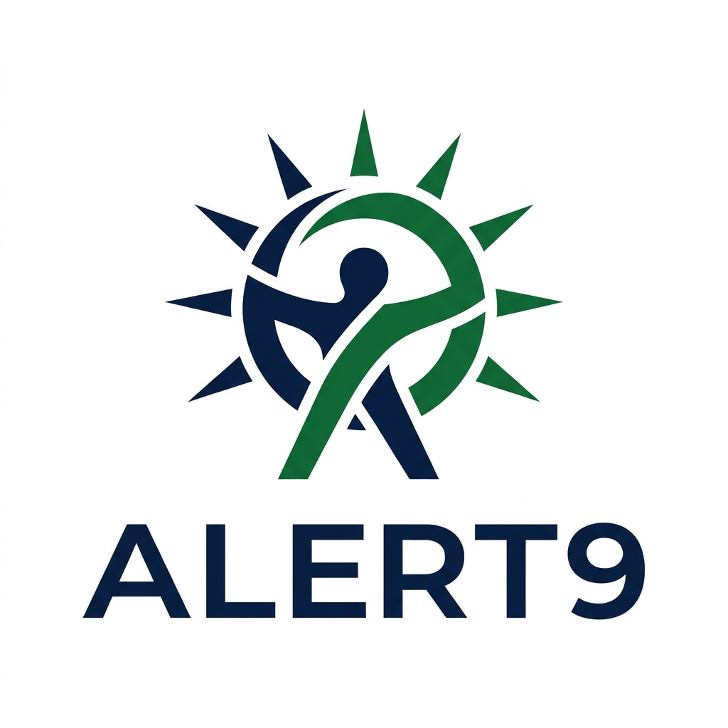 AI Design for A sophisticated, minimalist logo design for Alert9, featuring a stylized fusion of a radiant sun and a human silhouette. The design utilizes a clean, modern aesthetic with a premium color palette of deep navy blue and vibrant forest green, balanced by negative space. High-end vector graphic style, sharp edges, professional branding, isolated on a clean white background.