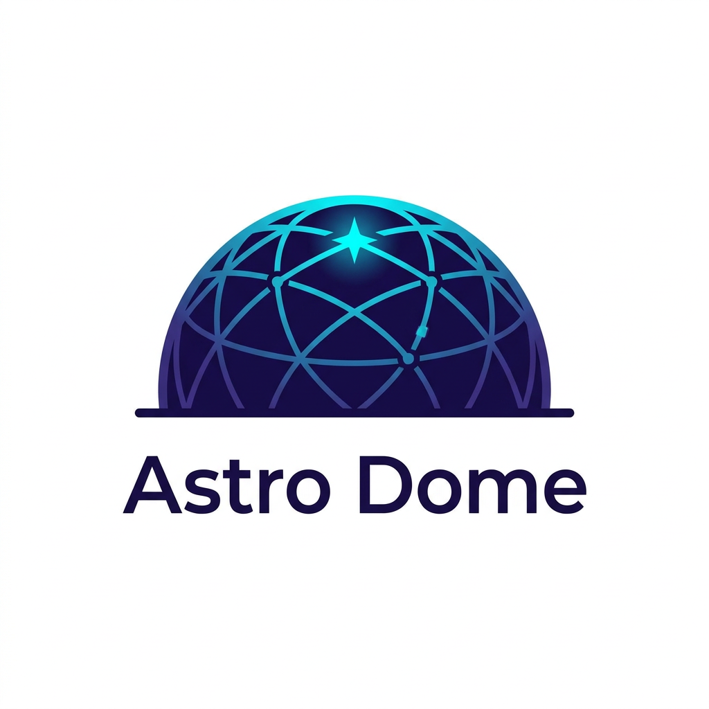AI Design for A modern, minimalist logo design for a mobile planetarium business named Astro Dome. The icon features a stylized, sleek geodesic dome integrated with a subtle celestial element like a constellation map or a glowing star, using a sophisticated deep indigo and vibrant cyan color palette. The design should be clean, professional, and scalable, set against a solid white background with balanced negative space.