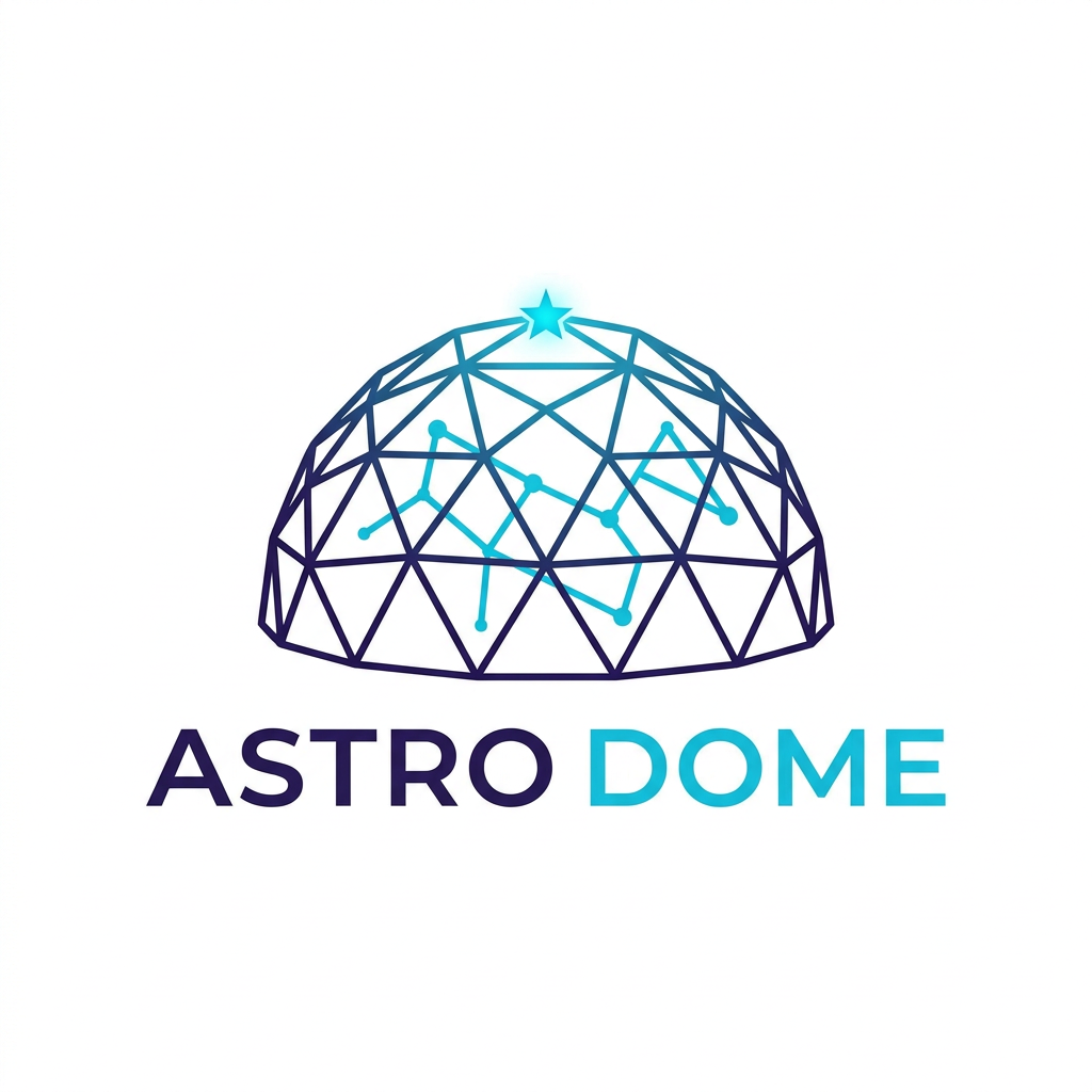 AI Design for A modern, minimalist logo design for a mobile planetarium business named Astro Dome. The icon features a stylized, sleek geodesic dome integrated with a subtle celestial element like a constellation map or a glowing star, using a sophisticated deep indigo and vibrant cyan color palette. The design should be clean, professional, and scalable, set against a solid white background with balanced negative space.