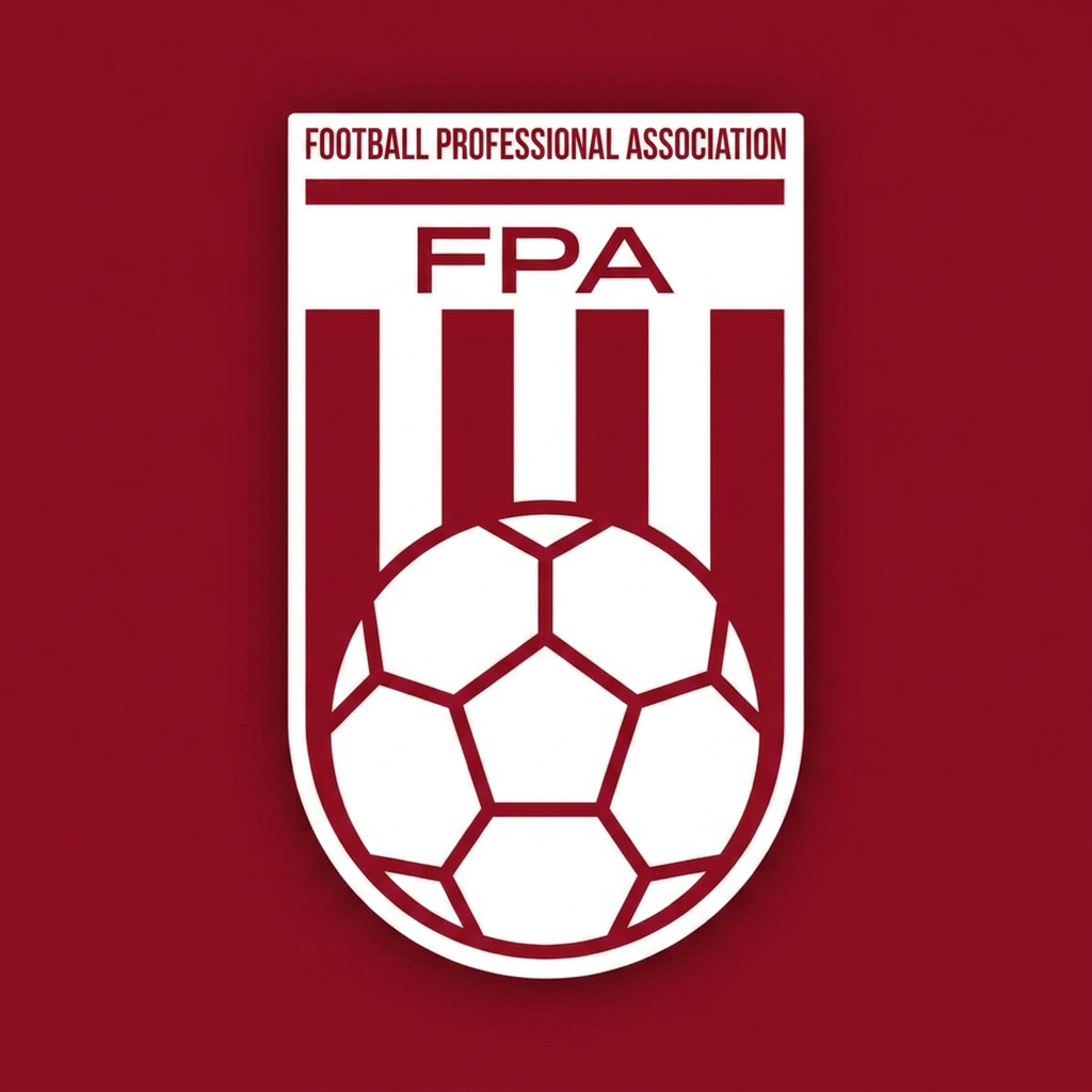 AI Design for make me a logo similiar to this but not in blue,u do it in red change sum things,and remove federation of tps professionals,and put football professional association,and remove FTP and put FPA,and change sum things to be different.ok we getting close,sum more minimal,but we on the right path,and change font from bebas to sum more professional.every font not 1,and I SAID MINIMAL FONT,not times roman