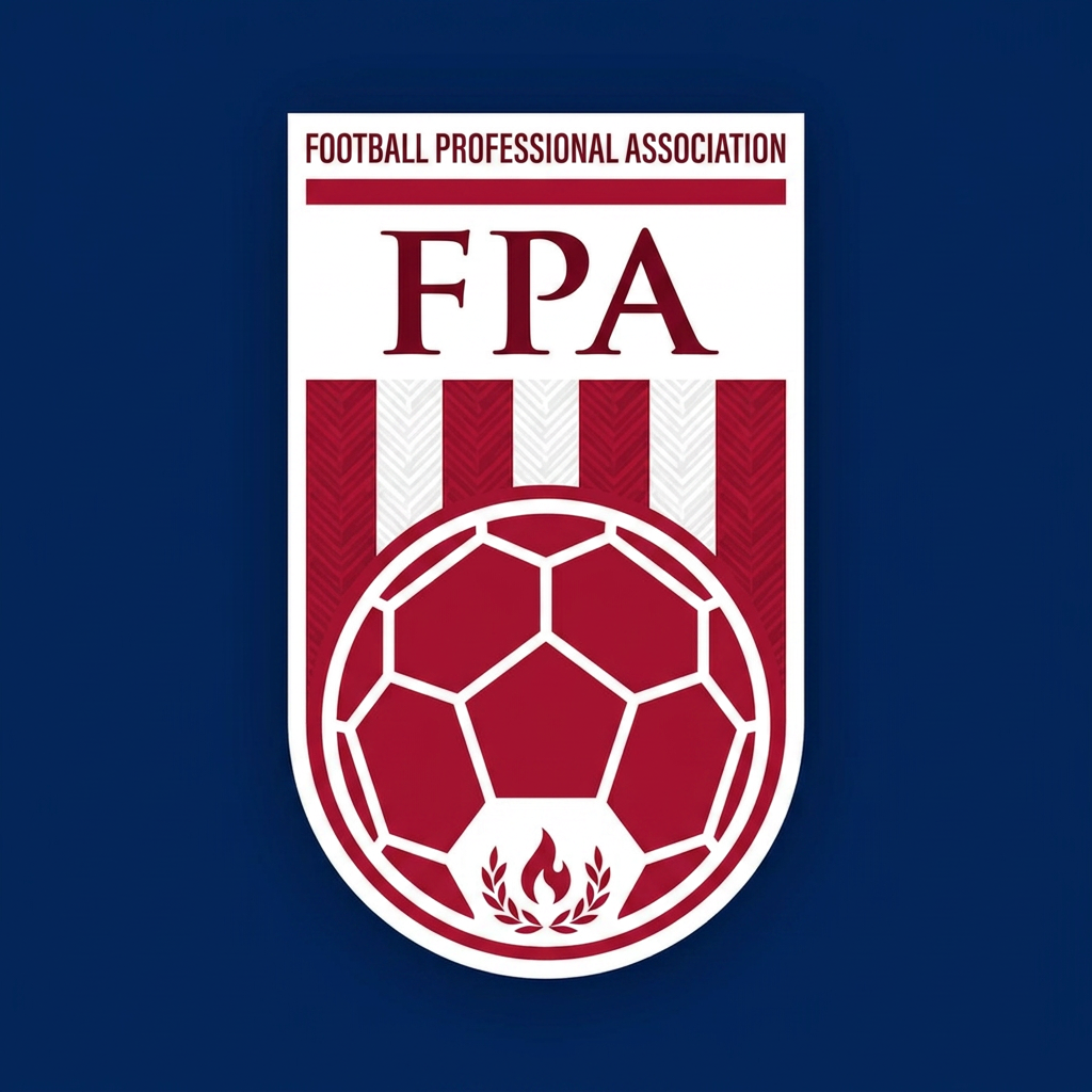 AI Design for make me a logo similiar to this but not in blue,u do it in red change sum things,and remove federation of tps professionals,and put football professional association,and remove FTP and put FPA,and change sum things to be different.ok we getting close,sum more minimal,but we on the right path,and change font from bebas to sum more professional