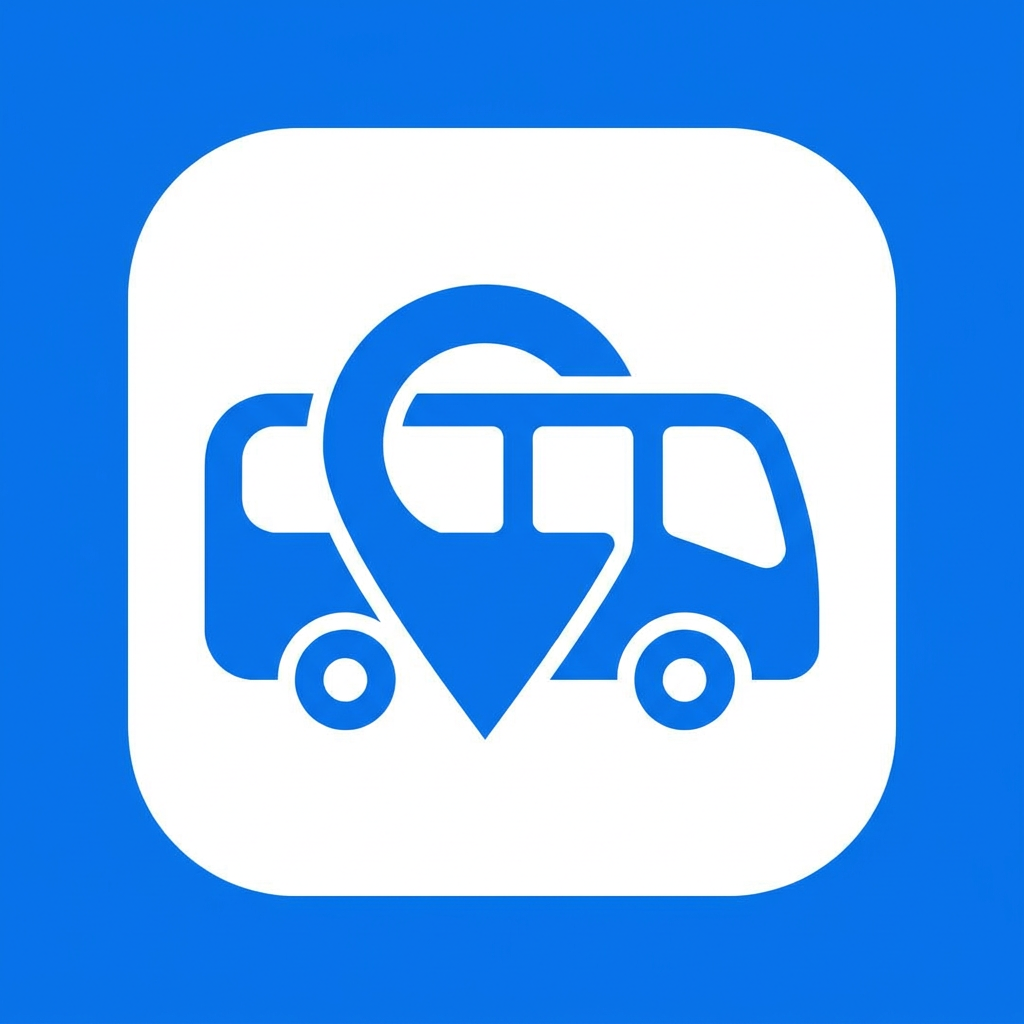 AI Design for A modern, minimalist logo design for a bus tracking app, featuring a sleek stylized bus icon combined with a subtle location pin element. The aesthetic is clean and professional, utilizing a vibrant blue and white color palette with smooth vector lines, flat design, and a high-contrast aesthetic suitable for a mobile app icon.