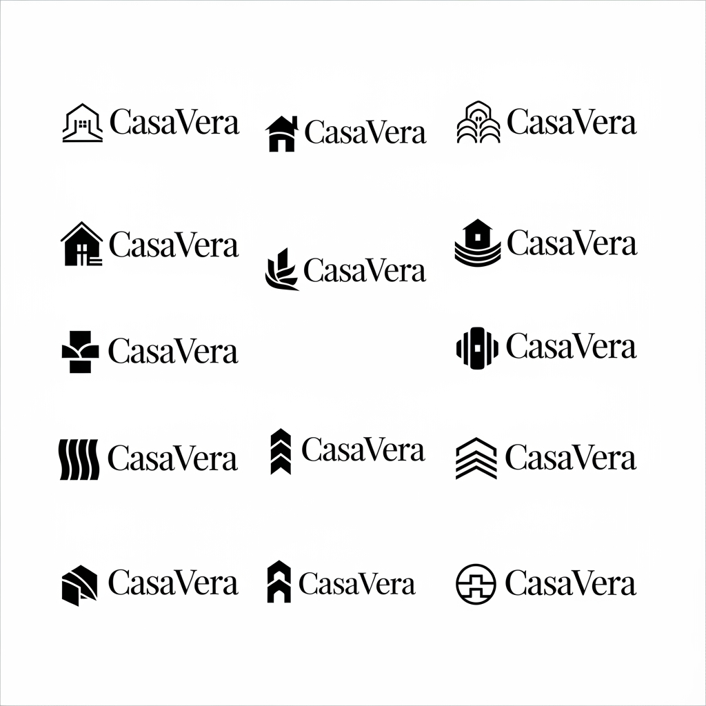 AI Design for Act as the Creative Director of a premium branding agency.
Design a sophisticated combination logo for the premium home textile brand "CasaVera."
Create 12 different logo concepts on a clean white presentation board.
Each concept must include:
• One minimal abstract symbol placed to the LEFT of the CasaVera wordmark.
• The symbol and typography must feel visually balanced and belong to the same design system.
• Use a refined serif wordmark with elegant proportions.
• The icon should be inspired by the relationship between home architecture and flowing textiles using simple geometric forms and subtle negative space.
• Keep the symbol minimal, memorable, and premium.
• Avoid literal houses, curtains, roofs, sofas, furniture, fabric rolls, windows, or decorative ornaments.
• Do not use monograms (CV).
• Do not stack the icon above the typography.
• The icon should align with the cap height or optical center of the wordmark like premium European furniture and interior brands.
• Each concept should explore a different abstract symbol while maintaining a consistent premium aesthetic.
Style:
Modern European
Minimal
Architectural
Quiet Luxury
Timeless
Premium
Elegant
Balanced
Presentation:
• White background
• Black vector artwork only
• No gradients
• No shadows
• No textures
• No mockups
• No 3D
• No gold
• No business cards
The final board should resemble an internal logo exploration sheet from a professional branding agency, with clean spacing and presentation-ready concepts suitable for initial client approval.