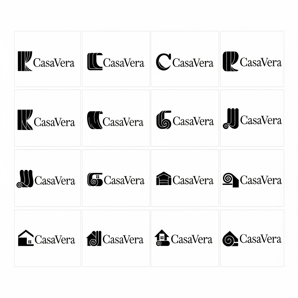 AI Design for Act as the Creative Director of a premium branding agency.
Design a sophisticated combination logo for the premium home textile brand "CasaVera."
Create 12 different logo concepts on a clean white presentation board.
Each concept must include:
• One minimal abstract symbol placed to the LEFT of the CasaVera wordmark.
• The symbol and typography must feel visually balanced and belong to the same design system.
• Use a refined serif wordmark with elegant proportions.
• The icon should be inspired by the relationship between home architecture and flowing textiles using simple geometric forms and subtle negative space.
• Keep the symbol minimal, memorable, and premium.
• Avoid literal houses, curtains, roofs, sofas, furniture, fabric rolls, windows, or decorative ornaments.
• Do not use monograms (CV).
• Do not stack the icon above the typography.
• The icon should align with the cap height or optical center of the wordmark like premium European furniture and interior brands.
• Each concept should explore a different abstract symbol while maintaining a consistent premium aesthetic.
Style:
Modern European
Minimal
Architectural
Quiet Luxury
Timeless
Premium
Elegant
Balanced
Presentation:
• White background
• Black vector artwork only
• No gradients
• No shadows
• No textures
• No mockups
• No 3D
• No gold
• No business cards
The final board should resemble an internal logo exploration sheet from a professional branding agency, with clean spacing and presentation-ready concepts suitable for initial client approval.
