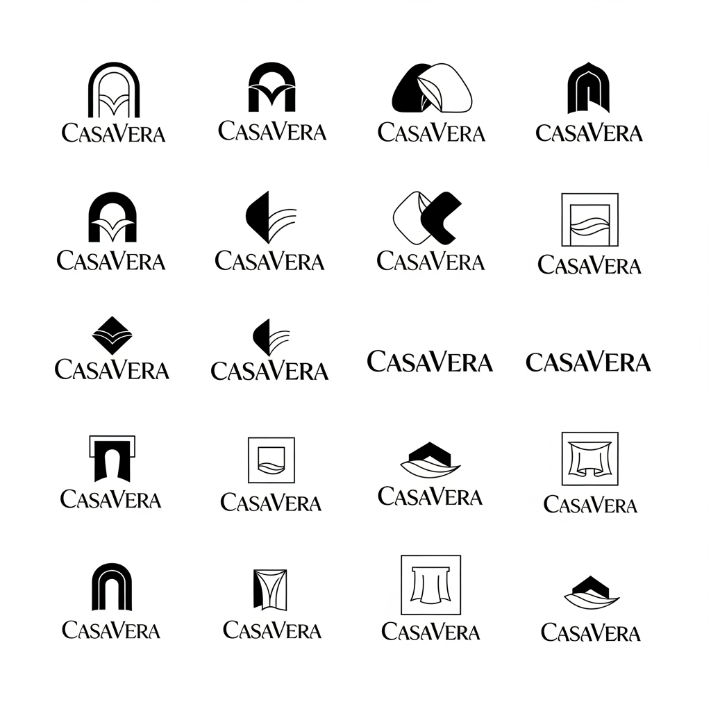AI Design for Act as the Creative Director of a world-class branding agency such as Pentagram, Collins, or Landor.
Your task is to create a premium combination logo (symbol + wordmark) for a home furnishing and interior textile brand named "CasaVera."
Brand Background:
CasaVera specializes in premium curtains, upholstery fabrics, sofa fabrics, and interior textiles for both retail and wholesale customers. The brand name is inspired by the Italian words "Casa" (Home) and "Vera" (True), expressing the idea of "An Authentic Home."
Design Objective:
Create a timeless, sophisticated, and memorable logo where the symbol and typography work together as one premium identity. The logo should communicate comfort, craftsmanship, elegance, and trust without looking like a furniture store or fashion brand.
Creative Direction:
• Design a unique abstract symbol inspired by the harmony of Home and Fabric.
• The symbol should subtly combine architectural geometry with the soft movement of flowing textile.
• The icon should suggest shelter, warmth, craftsmanship, and premium interiors through simple geometric forms and elegant curves.
• If possible, incorporate subtle negative space to create hidden meaning.
• The symbol must never be literal—it should hint at a home and flowing fabric rather than directly illustrating them.
• The icon should be memorable enough to be recognized independently.
Typography:
• Pair the symbol with a custom serif wordmark reading "CasaVera."
• Typography should be refined, elegant, and timeless.
• Explore subtle customizations to the letterforms.
• Make the typography feel bespoke rather than based on an existing font.
• Ensure the symbol and typography feel like they belong to the same visual system.
Visual Personality:
Premium
Modern European
Quiet Luxury
Architectural
Warm
Minimal
Timeless
Balanced
Crafted
Authentic
Avoid:
• Literal houses
• Curtains
• Windows
• Sofas
• Furniture
• Fabric rolls
• Roof icons
• Generic home symbols
• Initial monograms (CV)
• Badges
• Shields
• Crests
• Floral ornaments
• Decorative swirls
• Script fonts
• Calligraphy
• Vintage styling
• Stock logo aesthetics
• Generic luxury clichés
Presentation:
Generate 12–16 different logo concepts arranged on a clean white branding exploration board.
Each concept should feature:
• One unique abstract symbol
• One matching CasaVera wordmark
• Different approaches to geometry, negative space, and proportion
• Clean black vector artwork only
Use only black on a white background.
No gradients.
No shadows.
No textures.
No mockups.
No gold.
No 3D effects.
No business cards or signage.
The final exploration board should look like an internal concept presentation from a top international branding agency, showcasing original, thoughtfully crafted logo systems rather than AI-generated decorative logos.